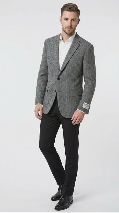 Men’s Grey Harris Tweed Blazer Jacket, Classic Herringbone Wool Sport Coat for Business Casual