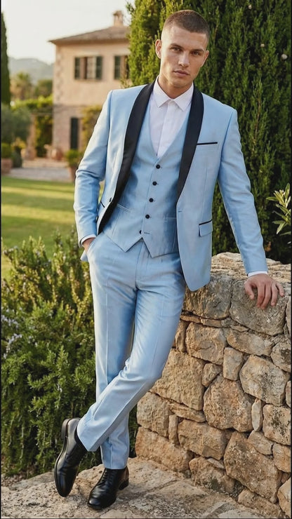 Men’s Light Blue Shiny 3 Piece Suit with Black Shawl Lapel | Formal Wedding Prom Suit - Sateen Sharskin Suit