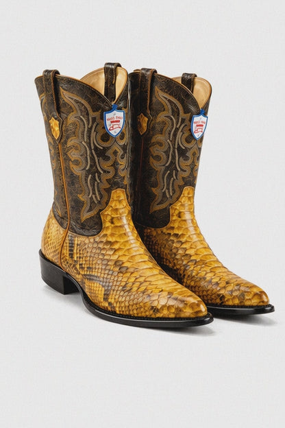 Men's Wild West Python Skin Yellow Gold J Toe Boots 29957