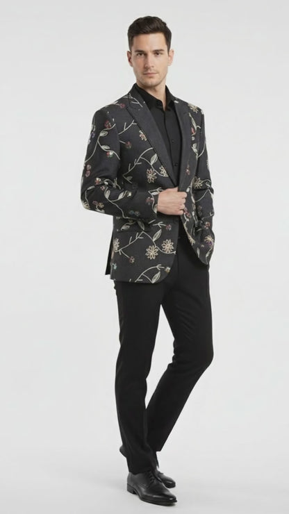 Luxury Black Floral Embroidered Blazer for Men – Designer Party and Wedding Wear Jacket