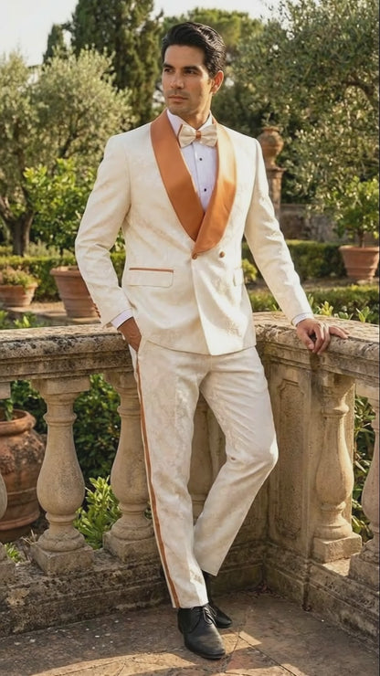 Men's Ivory and Gold Jacquard Tuxedo Suit + Bowtie – Formal Wedding, Prom, and Gala Outfit in Cream Off White color