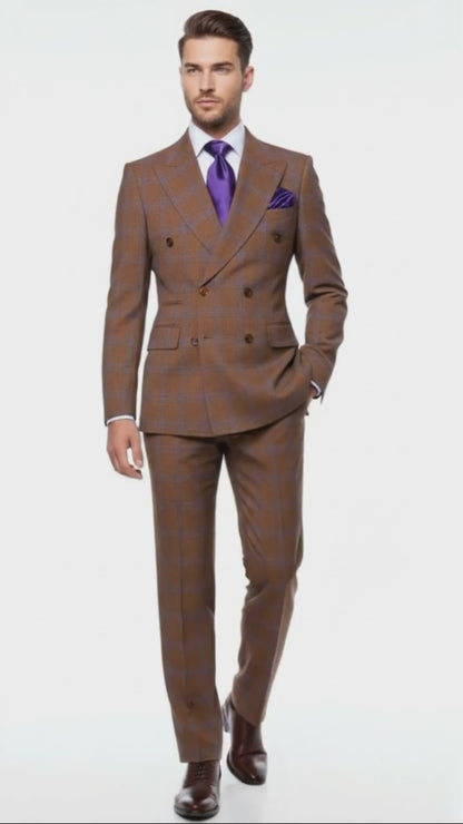 Men’s Brown Plaid Double-Breasted Suit – Premium 2-Piece Classic Checkered Windowpane Suit by Rossiman