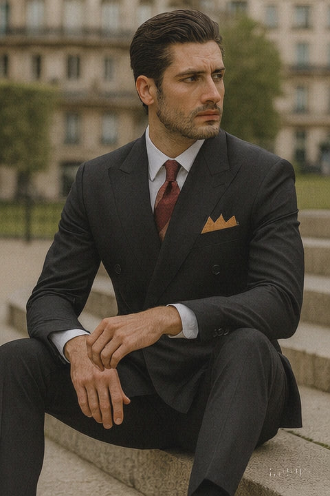 Mens Classic Poplin Double Breasted Suit in Black