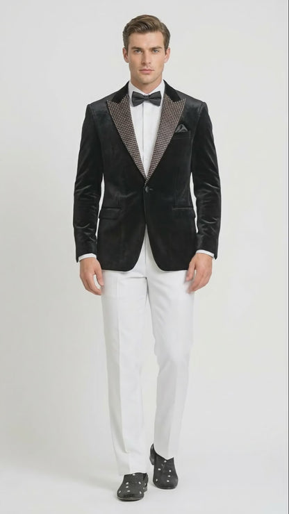 Men’s Black Velvet Tuxedo Blazer with Studded Lapel – Formal Evening Jacket