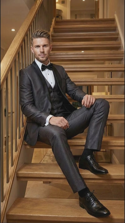 Men’s Shiny Sateen Charcoal Gray Tuxedo 3 Piece Suit with Black Shawl Lapel | Formal Wedding Prom Suit Sharkskin