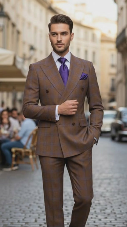 Men’s Brown Plaid Double-Breasted Suit – Premium 2-Piece Classic Checkered Windowpane Suit by Rossiman