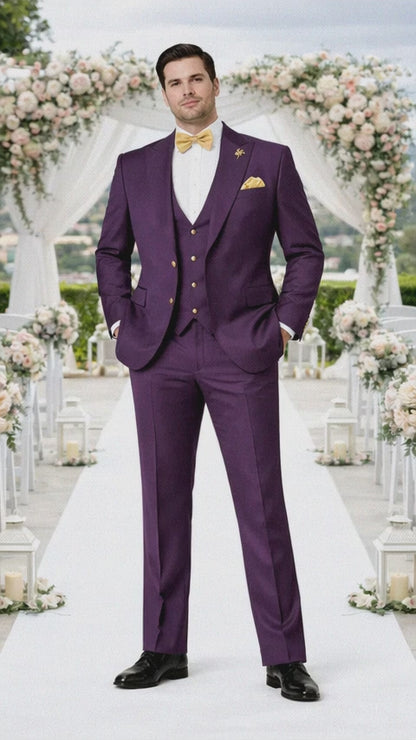 Rossiman Men’s Plum Purple Suit – Gold Buttoned Double-Breasted Elegance