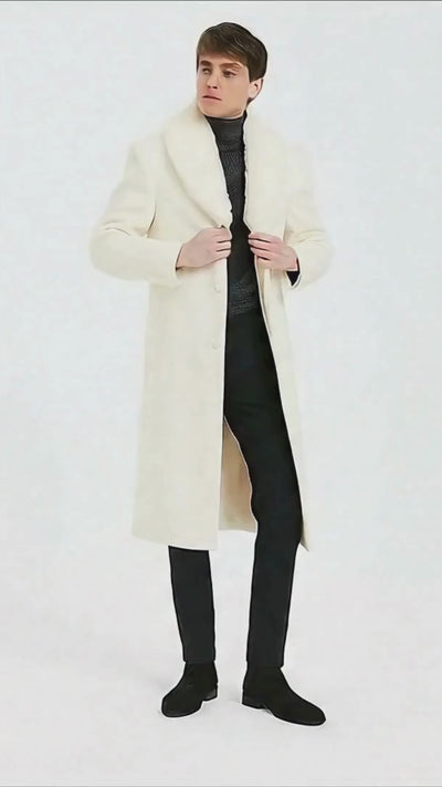 Mens Ivory Full-Length Overcoat with Luxurious Faux Fur Shawl Collar – Cream Winter Dress Coat Off White Color