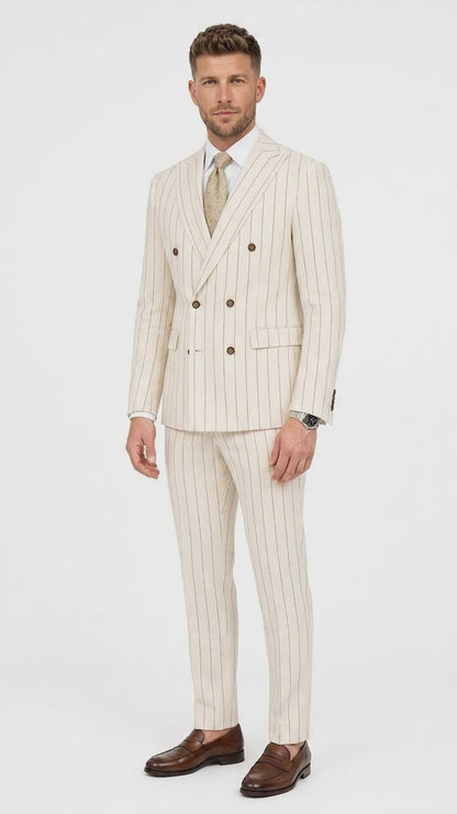 Men’s Cream Off White Pinstripe Linen Pinstripe 2 Piece Double Breasted Suit, Summer Wedding Ivory Color By Vitali