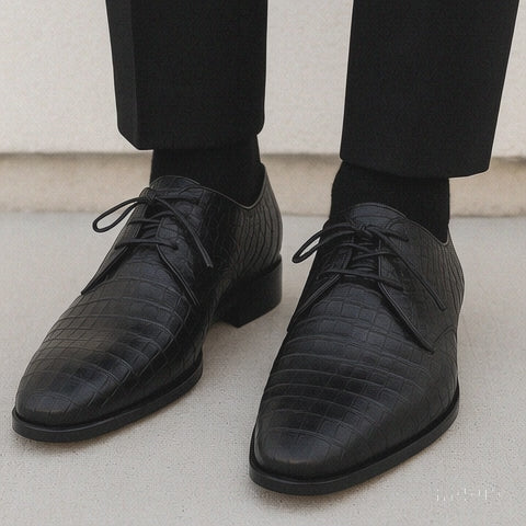 Marco Di Milano Lacio Men's Shoes Black Genuine Caiman Crocodile Dress Derby Oxfords