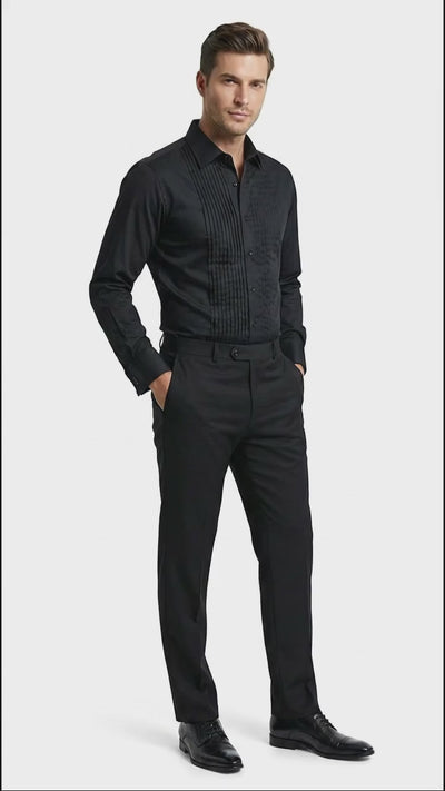 Men’s Black Pleated Tuxedo Dress Shirt | Formal Laydown Collar Button-Up Shirt for Weddings & Black Tie By Tiglio