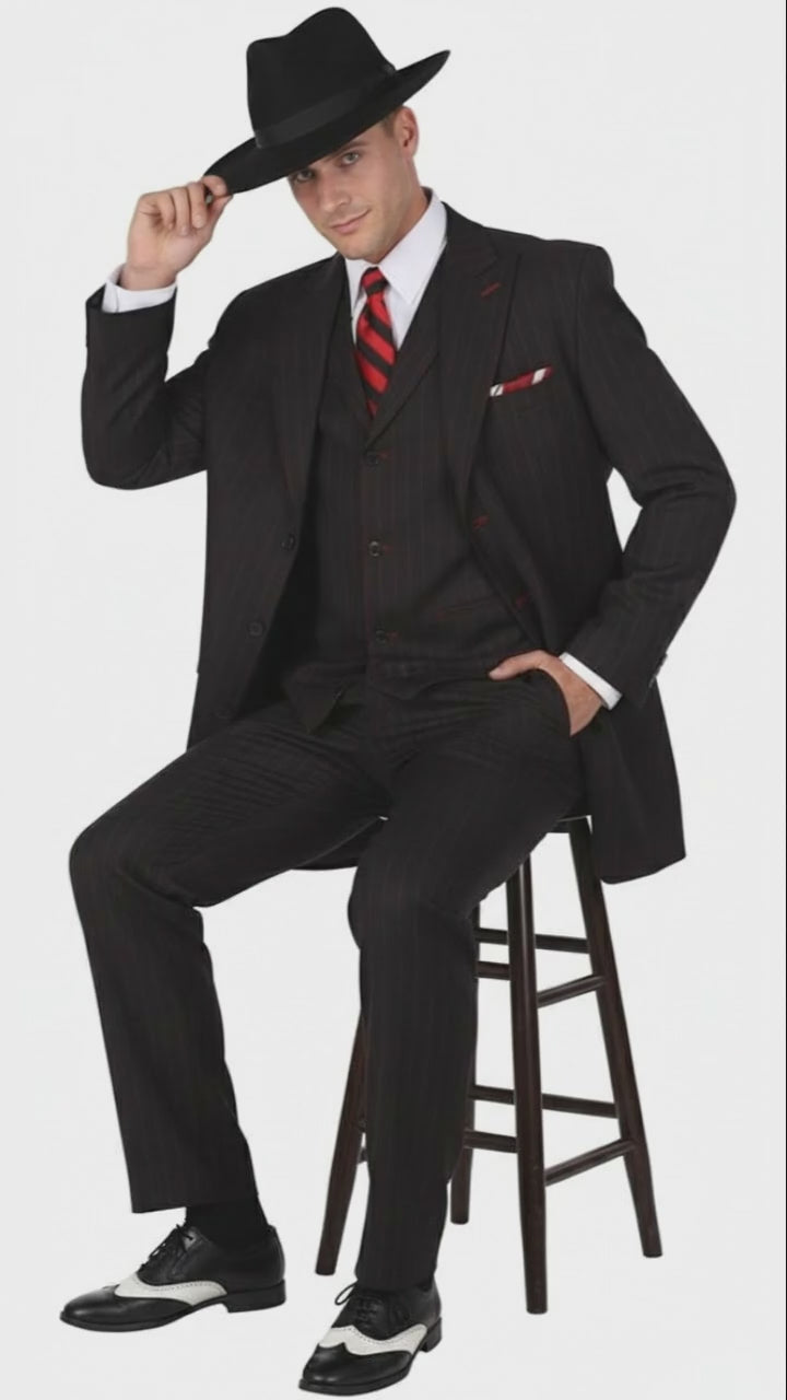 Mens Black and Red Pinstripe Zoot Suit – 1920s Gangster Vintage 3-Piece Suit for Formal, Prom, and Themed Events