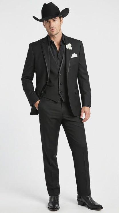 Men’s Black Western Tuxedo Suit, 3 Piece Cowboy Formal Wedding Prom Suit with Satin Trim