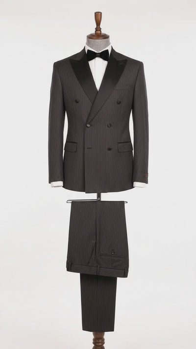 Men’s Black Shadow Pinstripe Double-Breasted Tuxedo Tone on Tone Formal Wedding  Suit Modern Fit 1920s Style