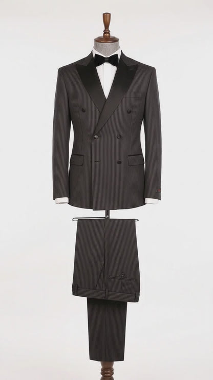 Men’s Black Shadow Pinstripe Double-Breasted Tuxedo Tone on Tone Formal Wedding  Suit Modern Fit 1920s Style