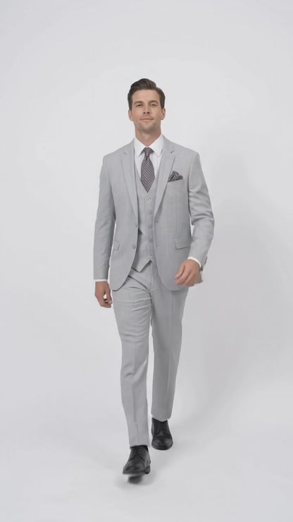 Men’s Light Grey Sharkskin 3 Piece Business Suit – Slim Fit Two Button Vested Wedding & Silver Suit