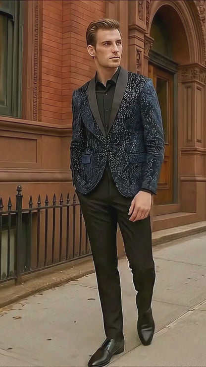 Men’s Navy Blue Sequin Tuxedo Jacket with Black Satin Shawl Lapel – Luxury Prom and Wedding Blazer