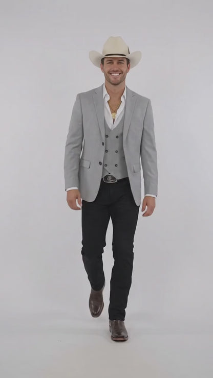 Men’s Light Gray Western Suit Blazer with Double-Breasted Vest, Modern Cowboy Formal Jacket Outfit