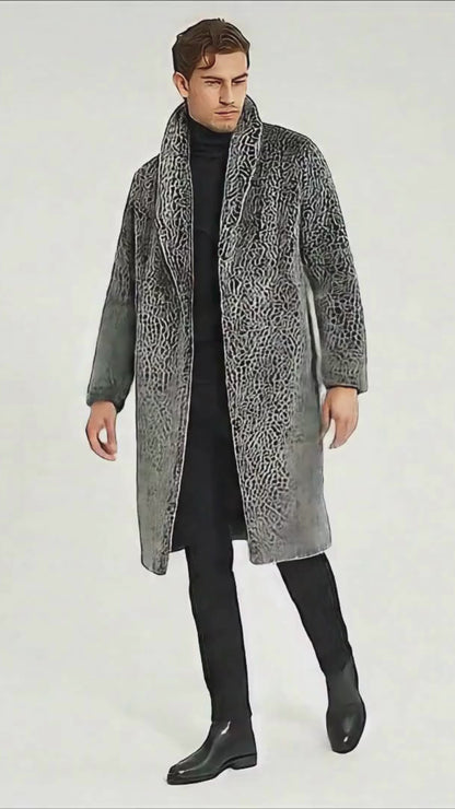 Men’s Luxury Long Grey Faux Fur Coat – Winter Overcoat with Animal Print Design