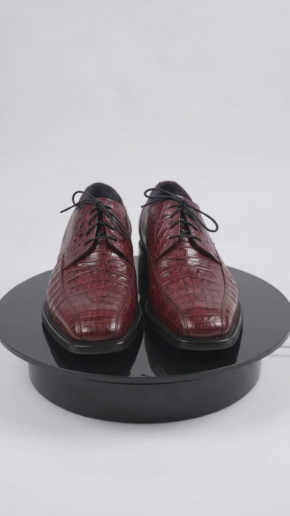 Los Altos Men’s Burgundy Caiman Belly Exotic Leather Shoes – Bicycle Toe Lace-Up Dress Shoes