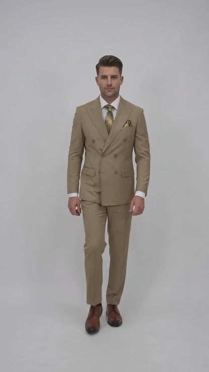 Men’s Statement Brand Caramel Khaki Double Breasted Wool Suit, Designer Formal Business Suit Set Wool Suit in Camel Color