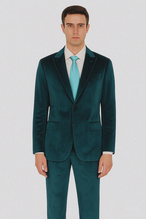 Men’s Teal Velvet Peak Lapel Suit – 2-Piece Skinny Fit Formalwear by Tazzio
