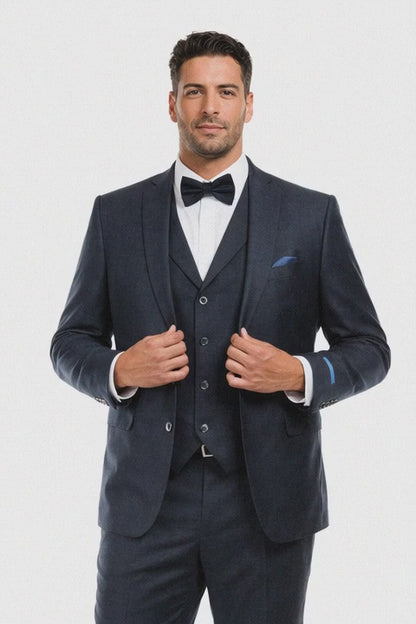 Men’s Navy Blue Vintage Tweed Wedding Suit – Two Button Jacket with Matching Vest