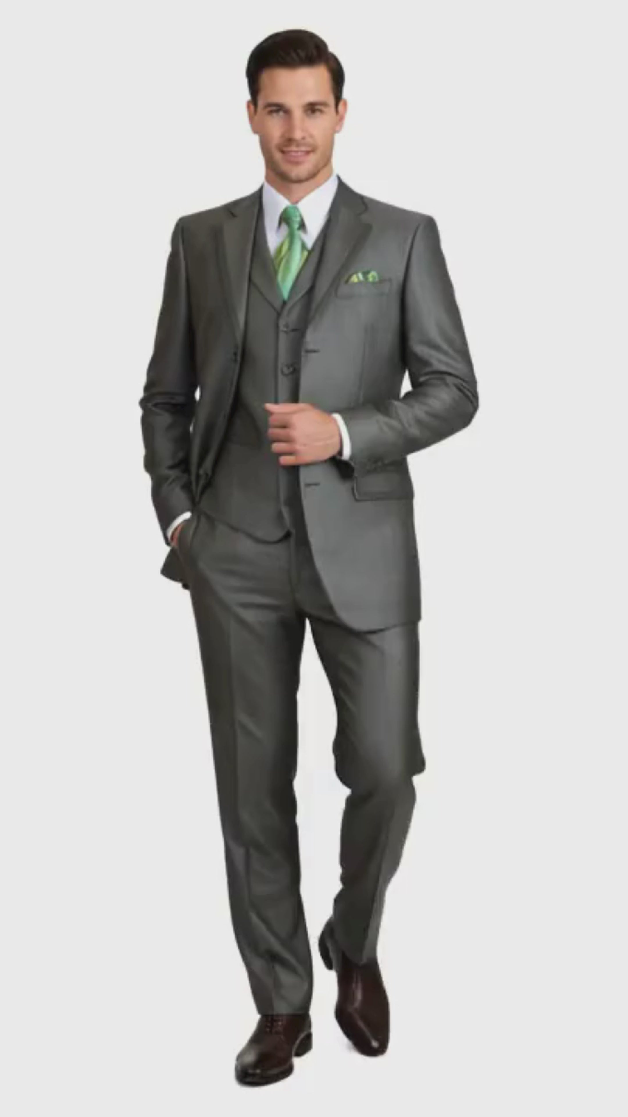 Men’s Olive Green 3-Piece Suit – Classic Fit with Vest and Tie Pleated Pants Three Buttons