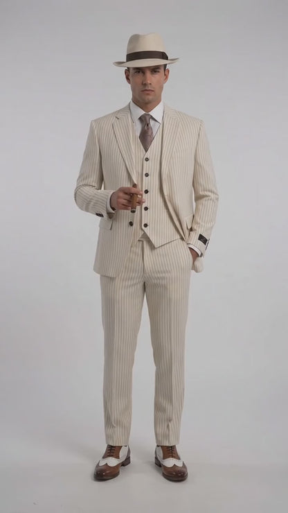 Men’s Ivory Cream Pinstripe 3-Piece Suit – 1920s Gangster Gatsby Wedding and Formal Suit