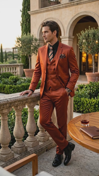 Men’s Rust Copper Coganc Shiny Sateen 3 Piece Suit, Vested Formal Wedding Prom Suit Set Ultra Slim Fit