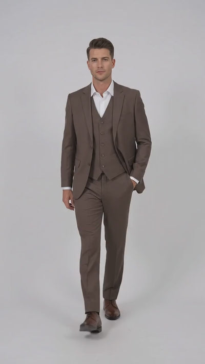 Men’s Zagarie Brand Light Brown Mocha 3-Piece Wool Suit – Modern Wedding, Business and Formal Suit with Pick Stitching