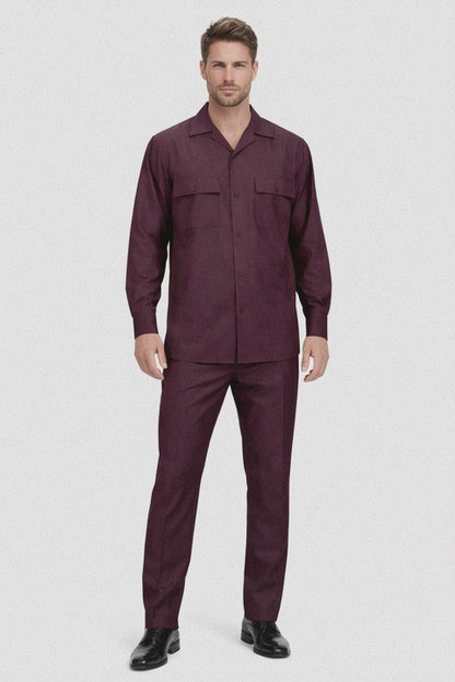Mens Luxury Burgundy Wool Two-Piece Leisure Walking Suit