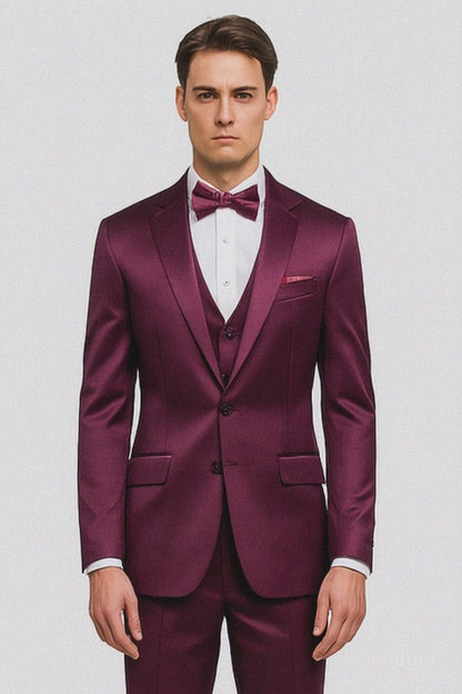 Tazzio Men's Purple Satin Double Breasted 3-Piece Skinny Fit Suit with Peak Lapel Vest & Matching Bowtie – Luxury Formalwear Ensemble