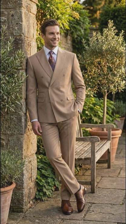 Vitali Tan Double Breasted Suit – Men’s 2 Piece Formal Suit for Wedding, Business and Special Events khaki beige color