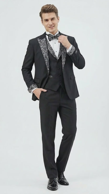 Mens Black and White Lapel Tuxedo Suit – Black Formal Tuxedo with White Pattern Lapel for Wedding, Prom and Evening Events