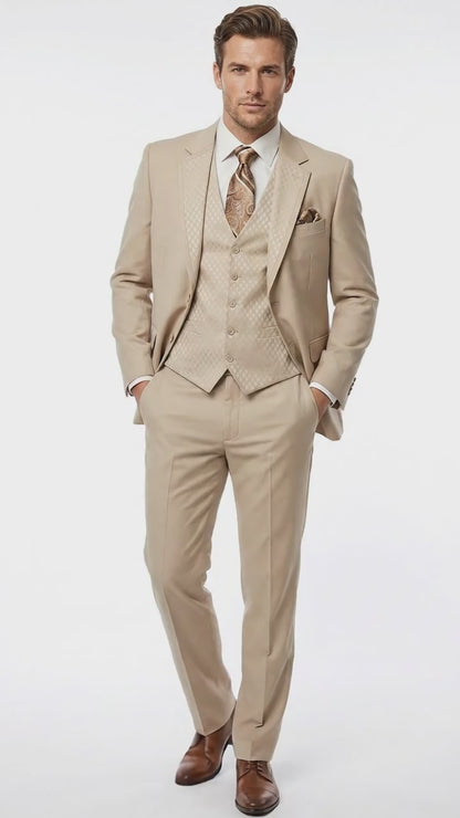 Men’s Tan Beige 3 Piece Tuxedo Suit – Beige Formal Suit Set with Vest, Patterned Lapel and Tie for Wedding, Prom in Tan Khaki Color