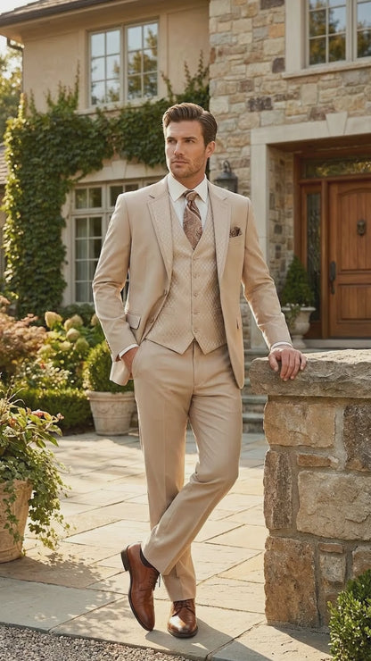 Men’s Tan Beige 3 Piece Tuxedo Suit – Beige Formal Suit Set with Vest, Patterned Lapel and Tie for Wedding, Prom in Tan Khaki Color