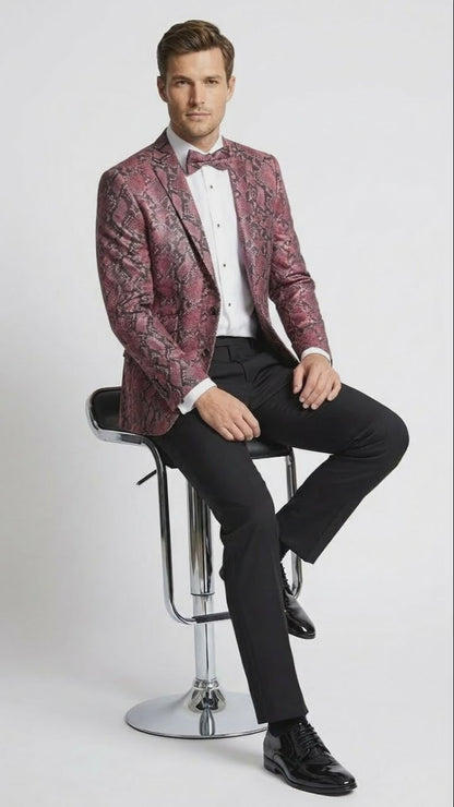 Men’s Burgundy and Black Snakeskin Print Blazer – Alligator Crocodile Sport Jacket Exotic Skin