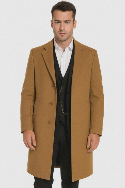 Men’s Camel Overcoat – Classic Single Breasted Wool Long Coat with Peak Lapel