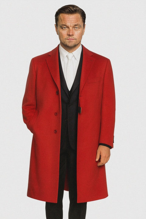 Three Buttons Red Wool Fabric Overcoat / Long men's Dress Topcoat - Winter coat
