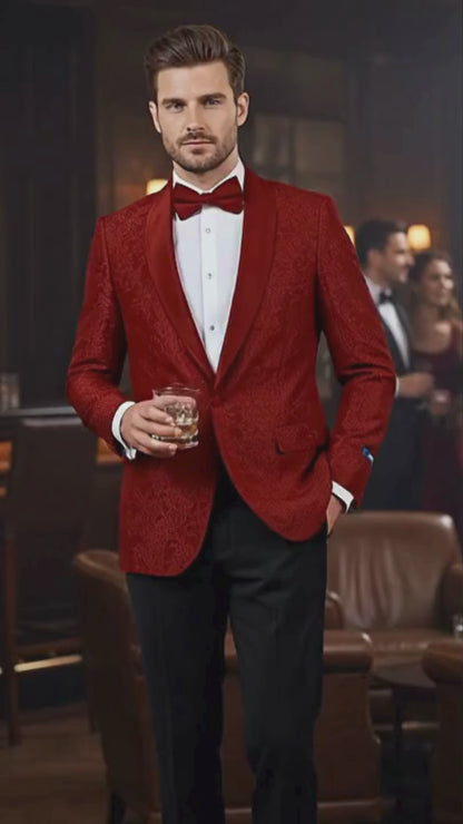 Big and Tall Men’s Burgundy Paisley Tuxedo Jacket – Satin Shawl Lapel Blazer with Bow Tie for Weddings, Proms, and Special Events