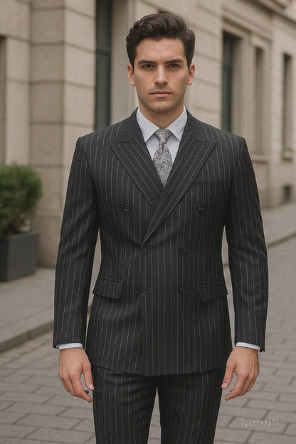 Mens Double Breasted Gangster Bold Pinstripe Suit in Black