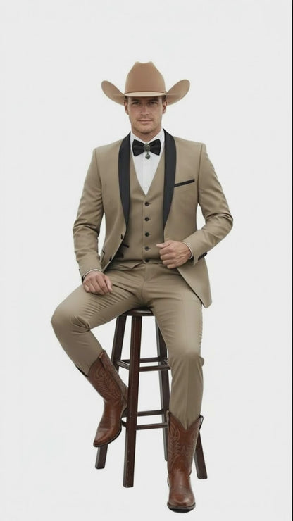 Men’s Western Cowboy Suit – 3-Piece Tan Tuxedo with Black Lapel, Vest, and Pants Beige  Color