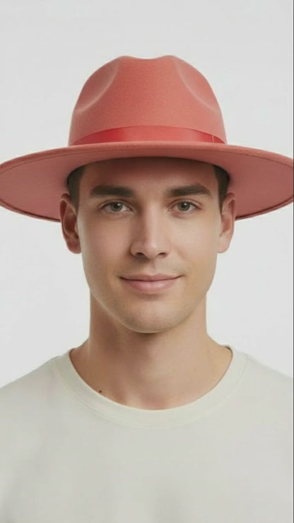 Men’s Coral Pink Wide Brim Fedora Hat – Wool Felt Dress Hat with Red Ribbon Band