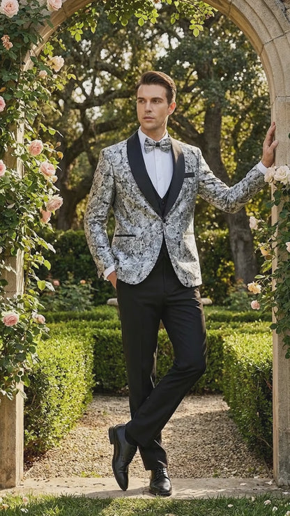 Mens Black and Silver Floral Tuxedo – Luxury Patterned Wedding, Prom and Formal Dinner Tuxedo