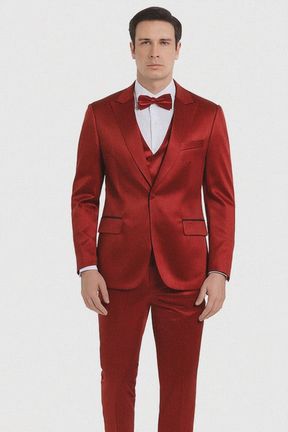Burgundy Satin double breasted vest 3 piece skinny fit Tazzio mens suit with peak lapel and matching bowtie