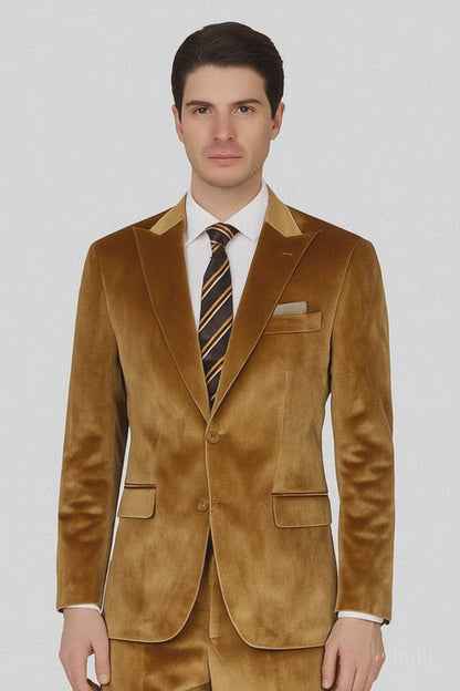 Men’s Gold Velvet Peak Lapel Suit – 2-Piece Skinny Fit Tazzio Formalwear