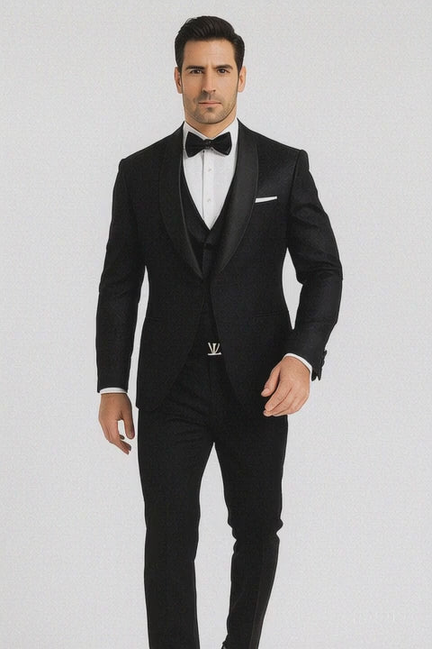 Classic Black Floral Lace Tuxedo with Vest – Modern Men’s Wedding Suit