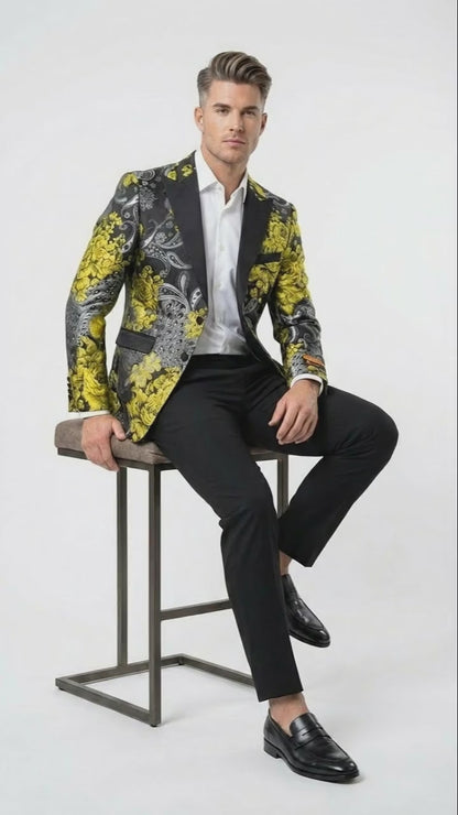 Men’s Yellow Tuxedo Black and Gold Floral Pattern Blazer | Formal Jacket - Prom Dinner Jacket + Black Pants + Bowtie