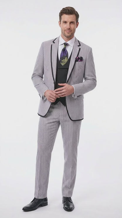 Mens Black and White Pinstripe Wedding Tuxedo Suit – Three Piece Formal Suit Set with Contrast Trim for Groom, Prom - Seersucker Summer Suit